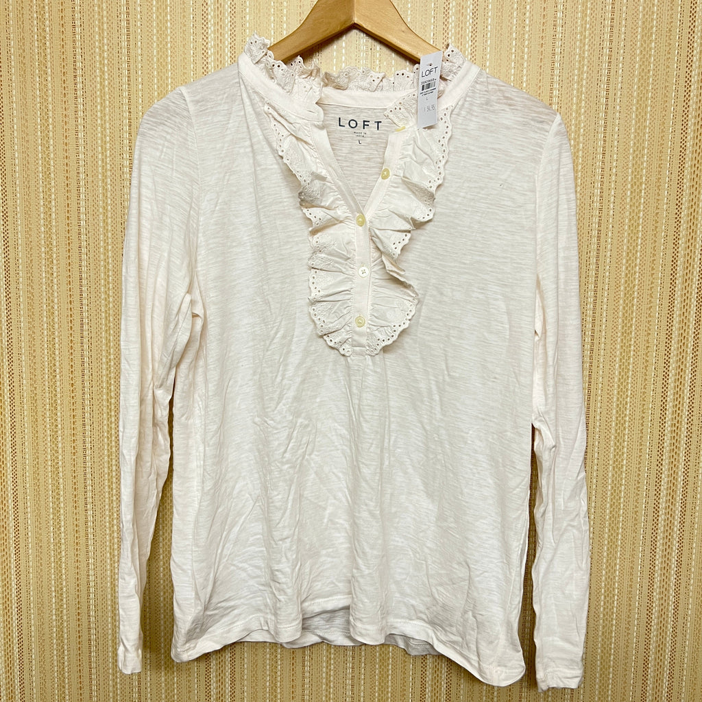LOFT Women's Eyelet Ruffle Henley Top