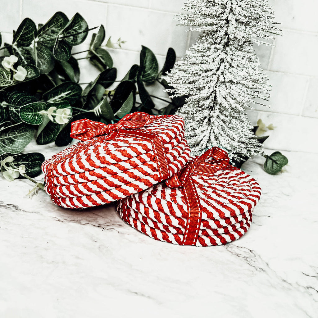 Blue Braided Holiday Coaster Set 4 Pack Candy Cane Stripe Table Protectors Absorbent Drink Mats