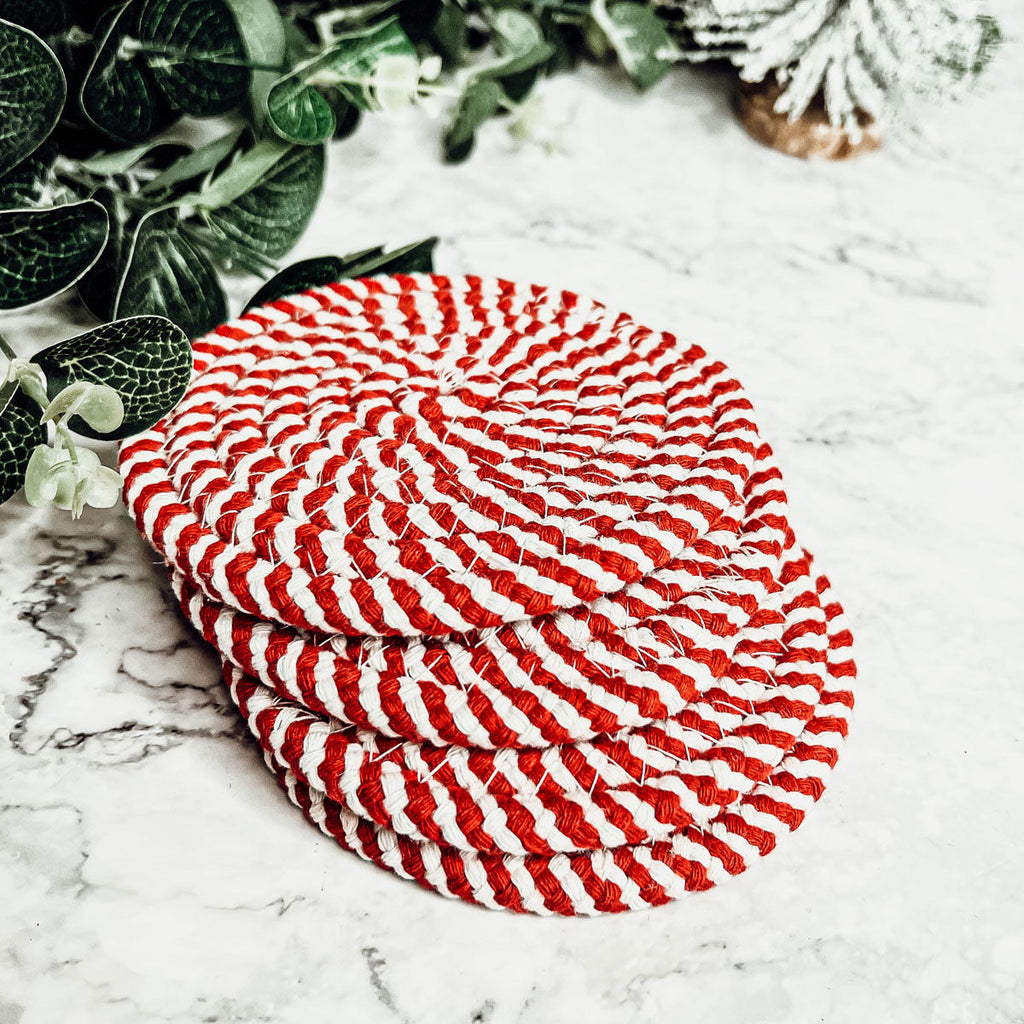 Blue Braided Holiday Coaster Set 4 Pack Candy Cane Stripe Table Protectors Absorbent Drink Mats