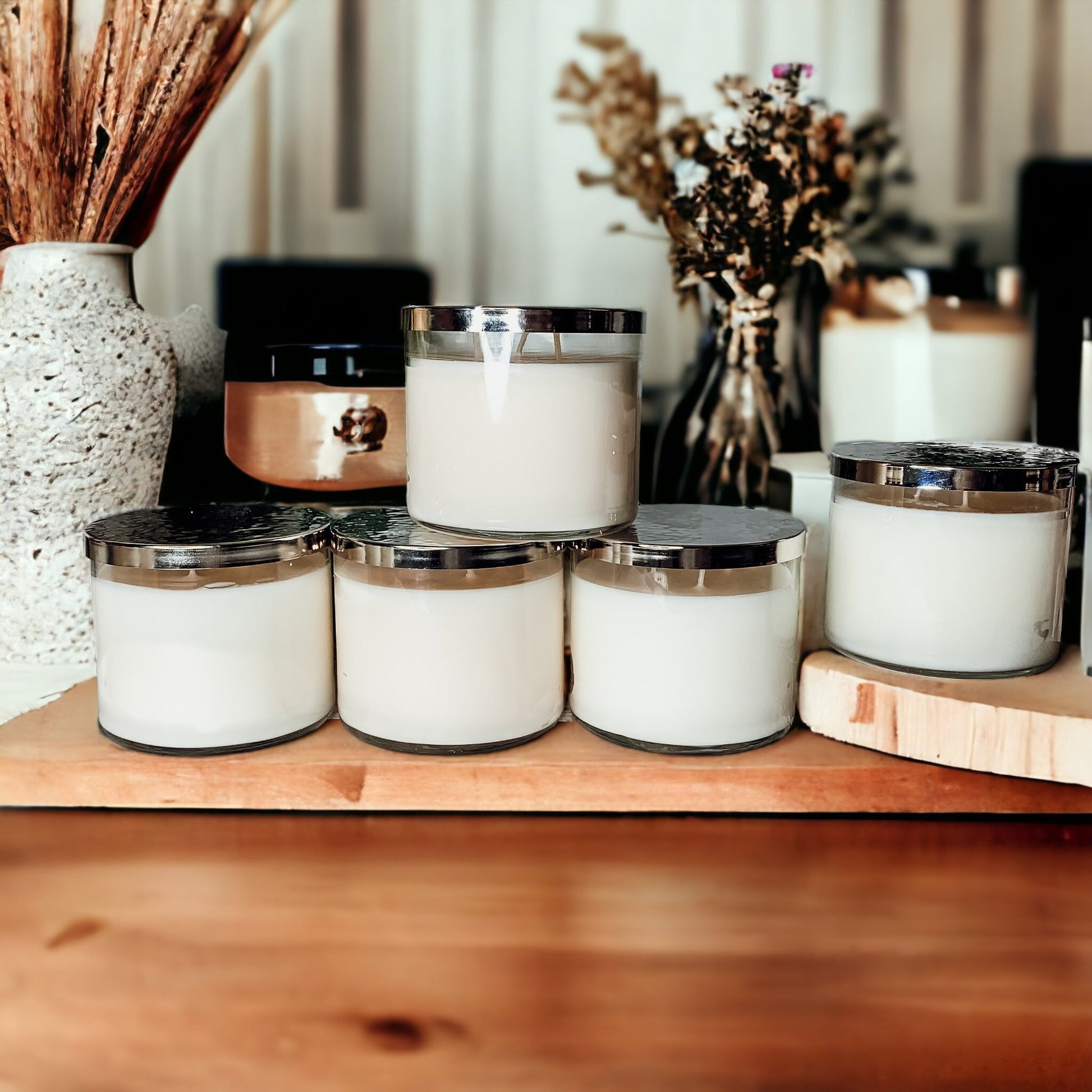 3-Wick Soy Candle 14.5oz Clear Glass Jar Silver Hammered Lid Hand-Poured USA