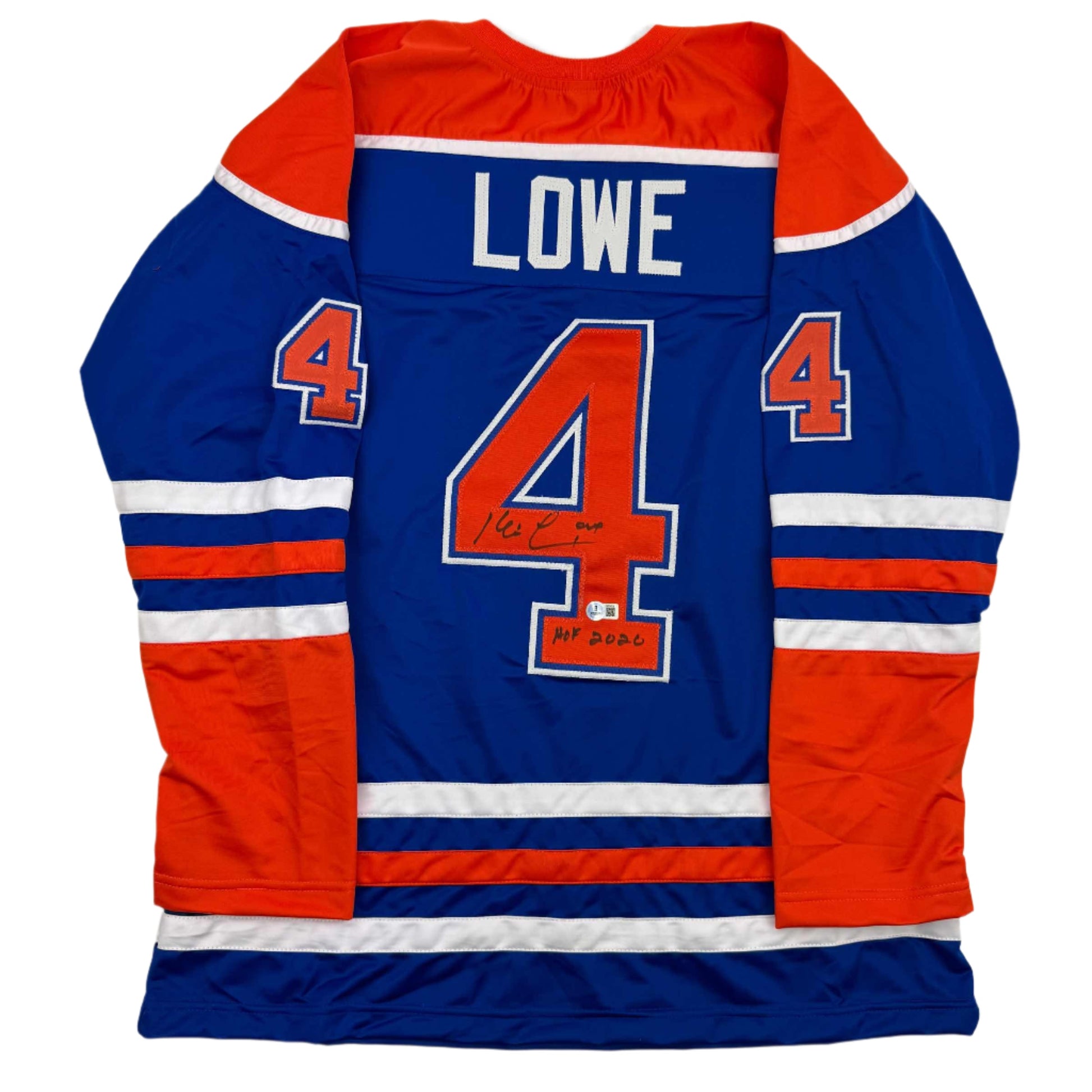 Autographed/Signed Kevin Lowe "HOF 2020" Edmonton Blue Hockey Jersey Beckett BAS COA