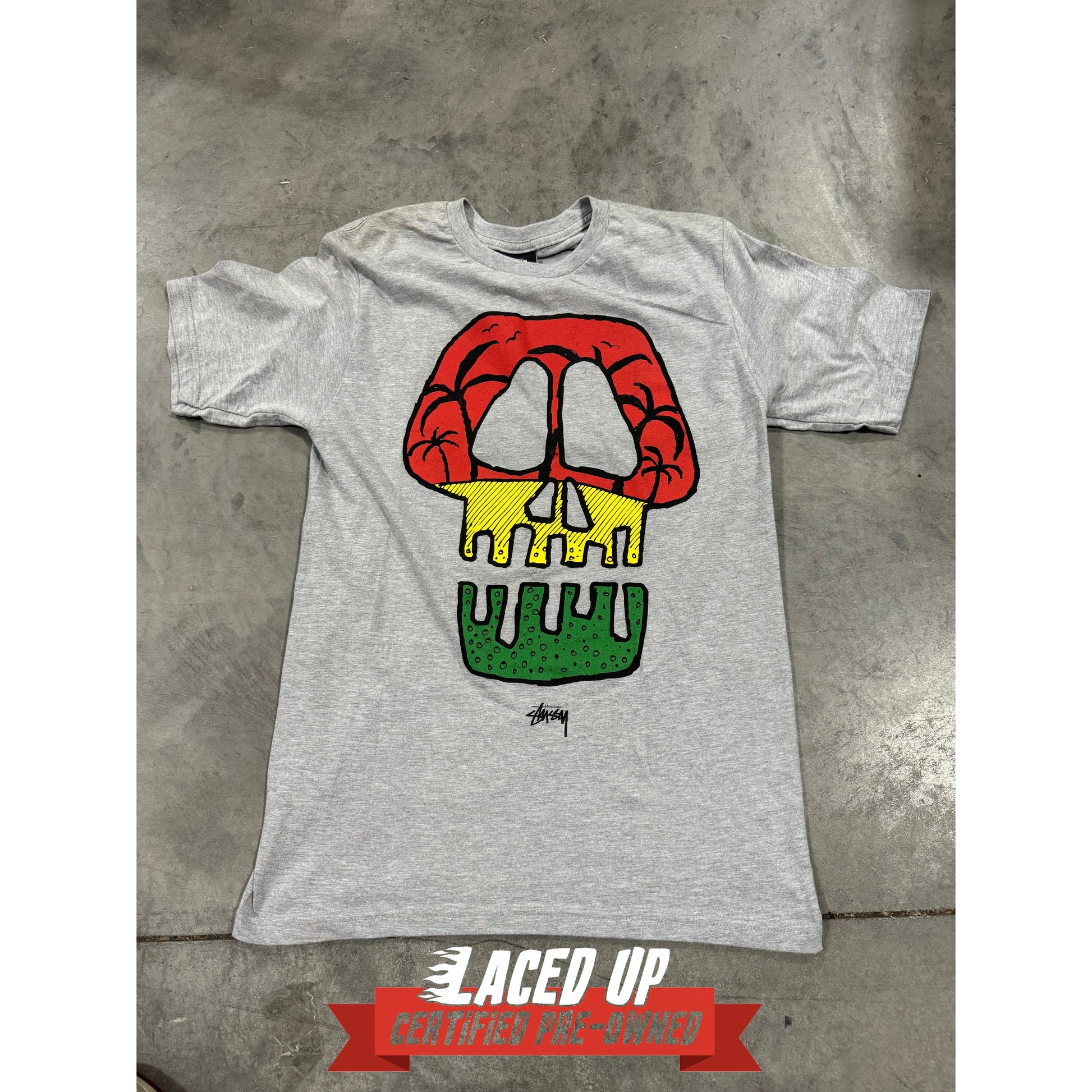 PRE OWNED Stussy Rasta Skull Tee Grey