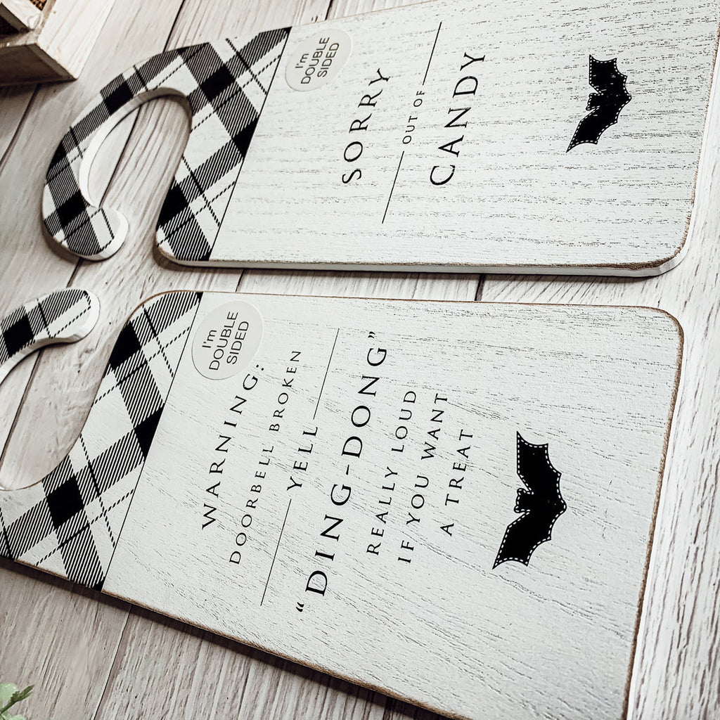 Halloween Double-Sided Door Hanger Spooky Cute Door Knob Sign 5x11.5 Black White