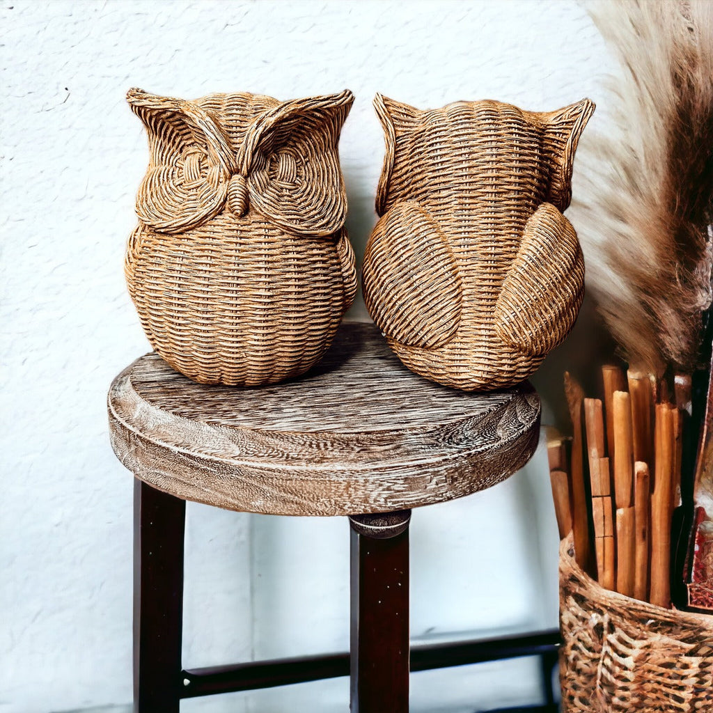 Basket Weave Owl Figurine Resin Rustic Owl Bookend Tabletop Accent Home Decor