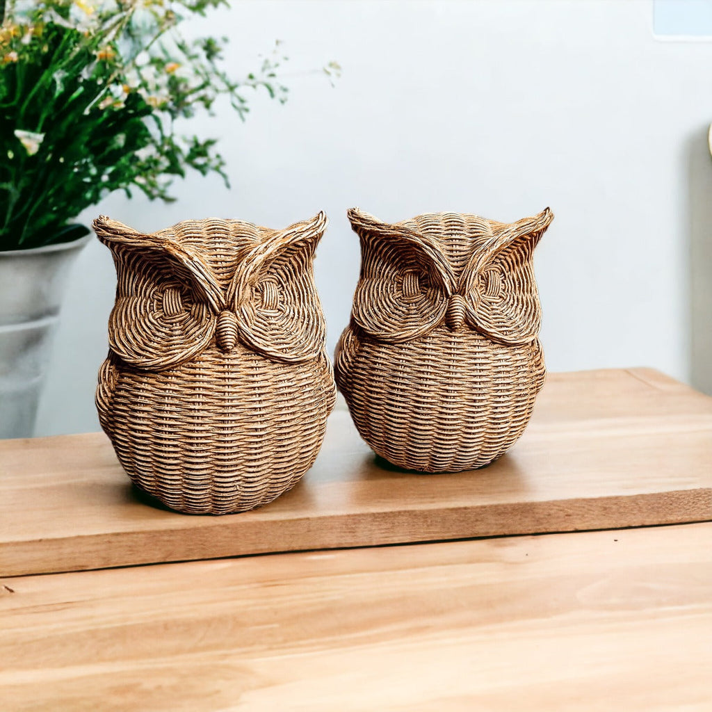 Basket Weave Owl Figurine Resin Rustic Owl Bookend Tabletop Accent Home Decor