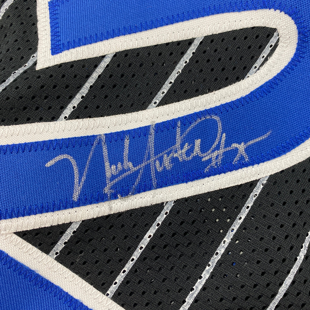 Autographed/Signed Nick Anderson Orlando Black Pinstripe Basketball Jersey PSA/DNA COA