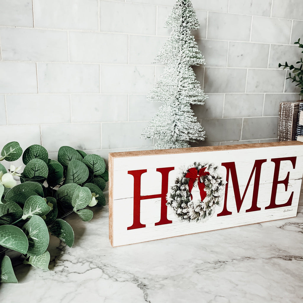 Christmas Home Wreath Sign Holiday Mantel Shelf Tray Decor Rustic Wooden