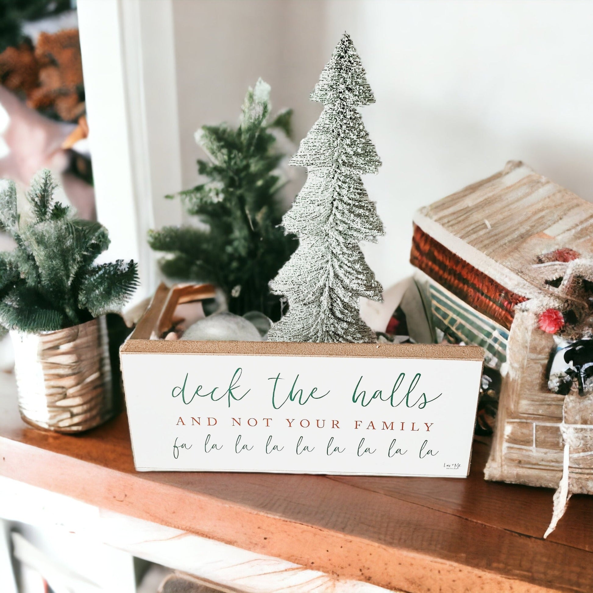 Deck The Halls Funny Christmas Wood Sign Handmade Tabletop Mantel Shelf Decor 10x4x1 Red Green