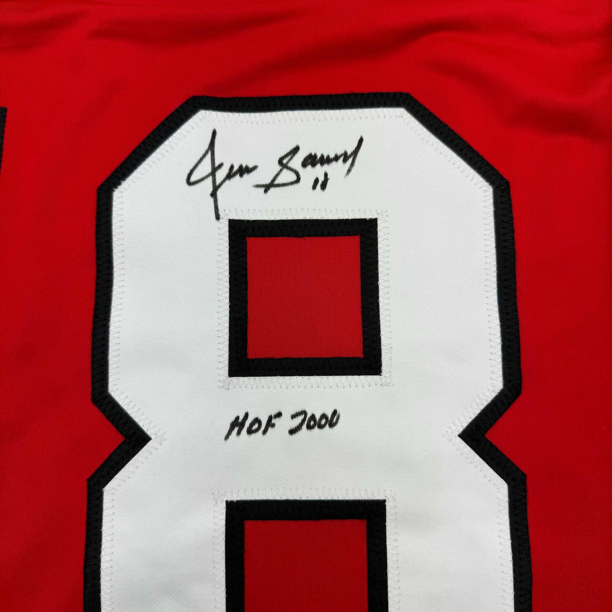 Framed Autographed/Signed Denis Savard HOF 2002 35x39 Chicago Red Hockey Jersey JSA COA