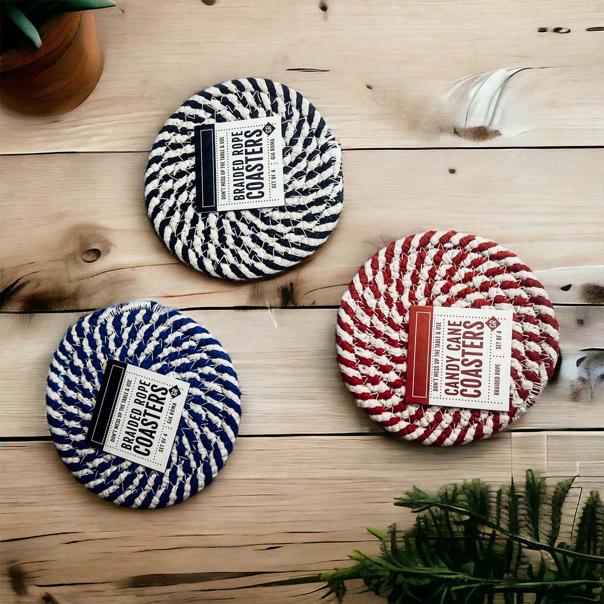 Blue Braided Holiday Coaster Set 4 Pack Candy Cane Stripe Table Protectors Absorbent Drink Mats