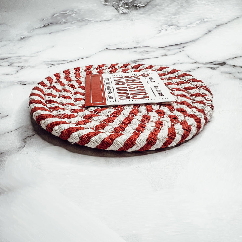 Blue Braided Holiday Coaster Set 4 Pack Candy Cane Stripe Table Protectors Absorbent Drink Mats