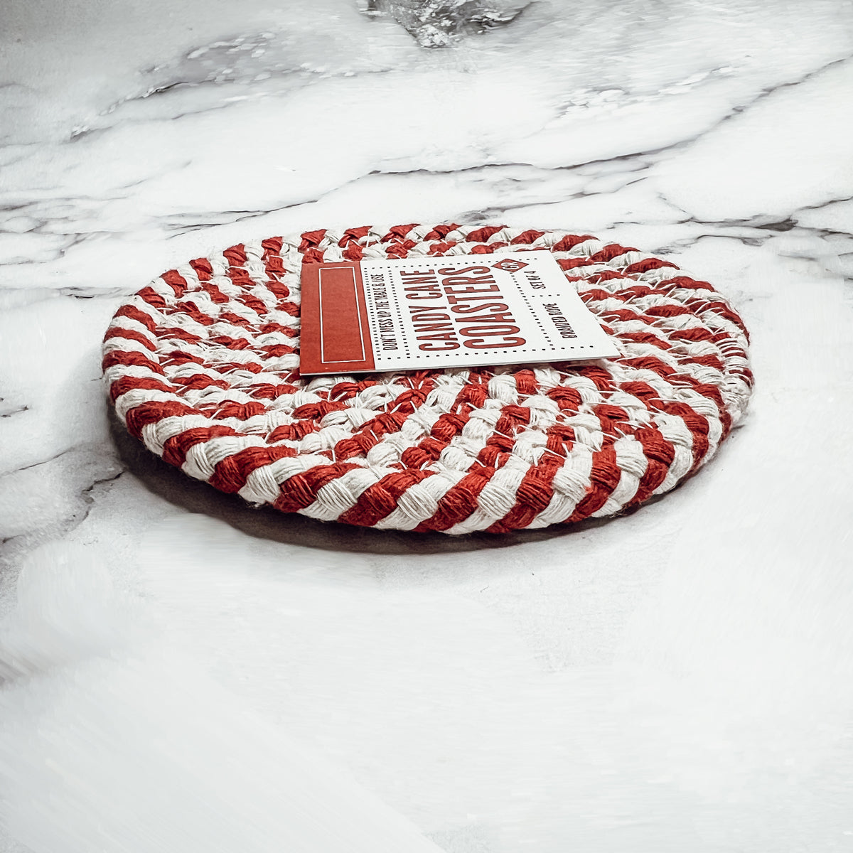 Blue Braided Holiday Coaster Set 4 Pack Candy Cane Stripe Table Protectors Absorbent Drink Mats