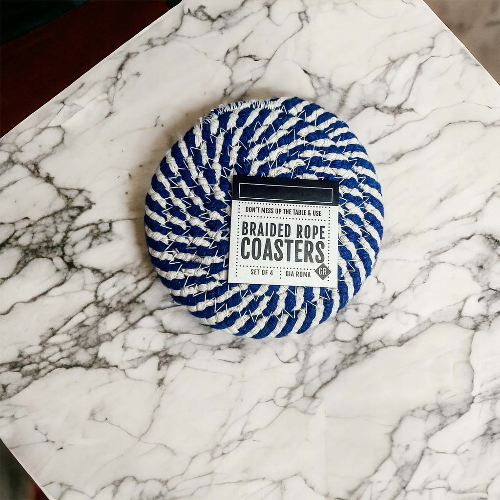 Blue Braided Holiday Coaster Set 4 Pack Candy Cane Stripe Table Protectors Absorbent Drink Mats