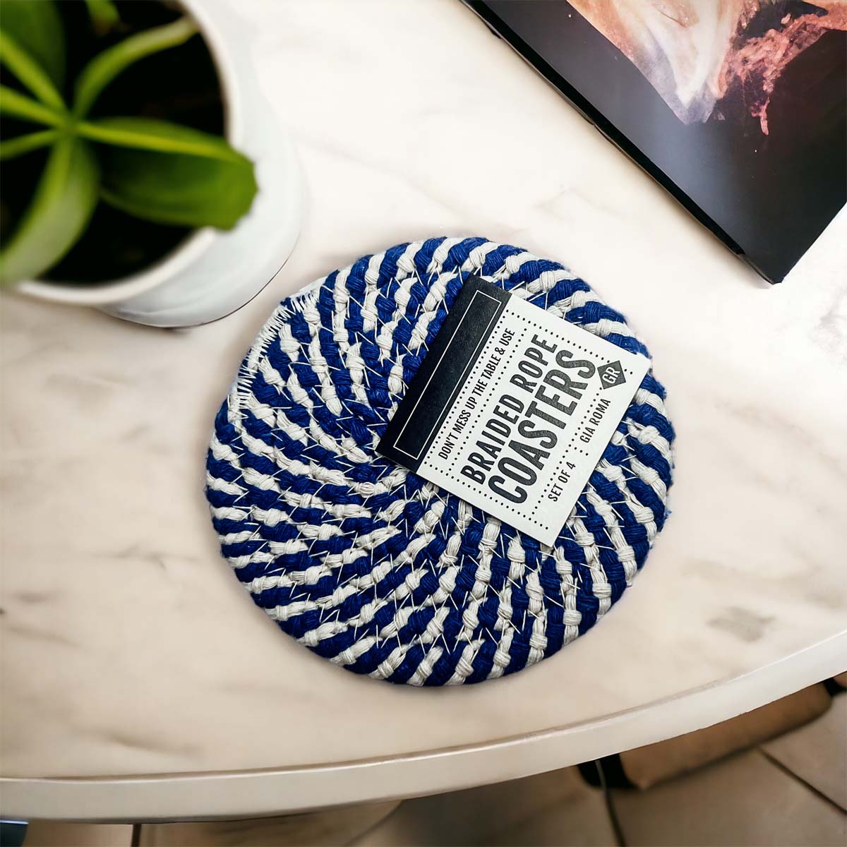 Blue Braided Holiday Coaster Set 4 Pack Candy Cane Stripe Table Protectors Absorbent Drink Mats