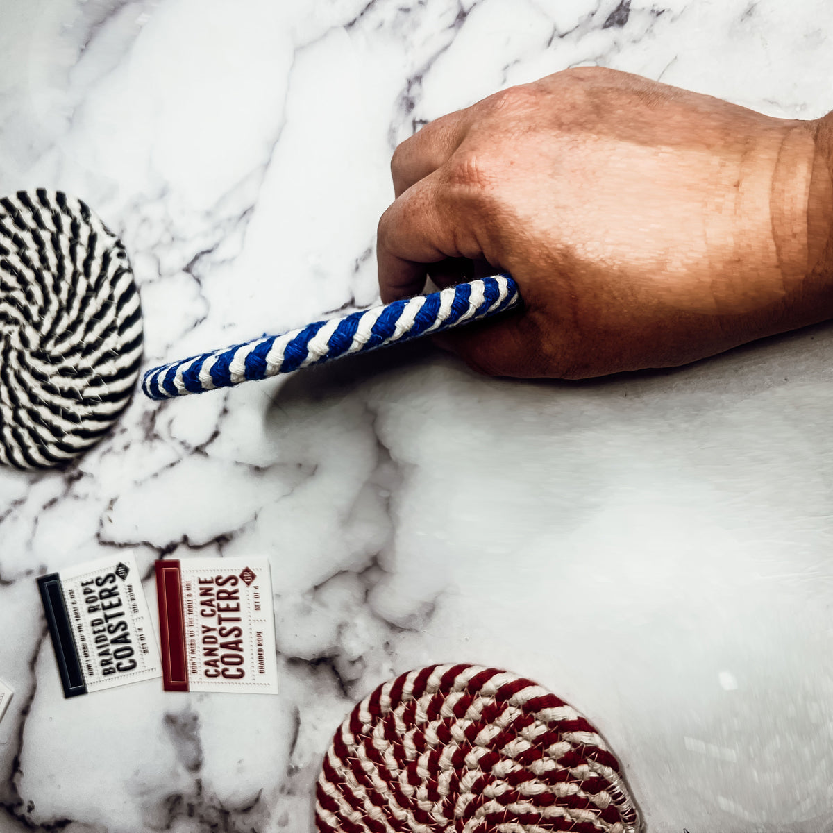 Blue Braided Holiday Coaster Set 4 Pack Candy Cane Stripe Table Protectors Absorbent Drink Mats