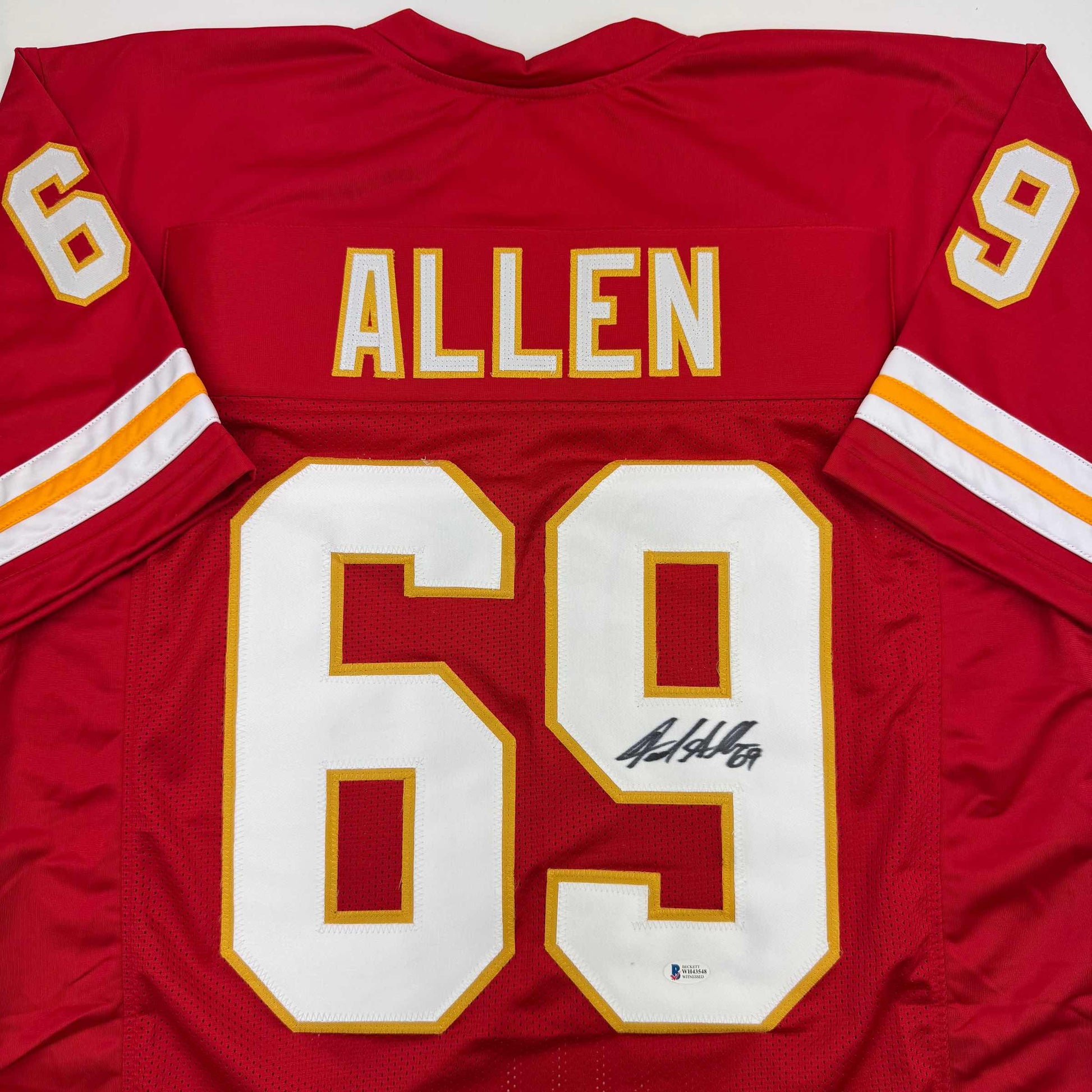 Autographed/Signed Jared Allen Kansas City Red Football Jersey Beckett BAS COA