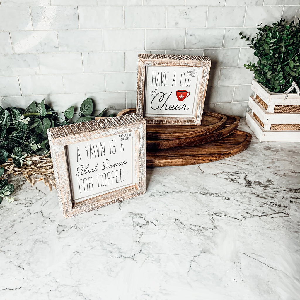 Cup Of Cheer Double Sided Coffee Bar Sign Holiday Winter Coffee Decor Red Mug Snowflake