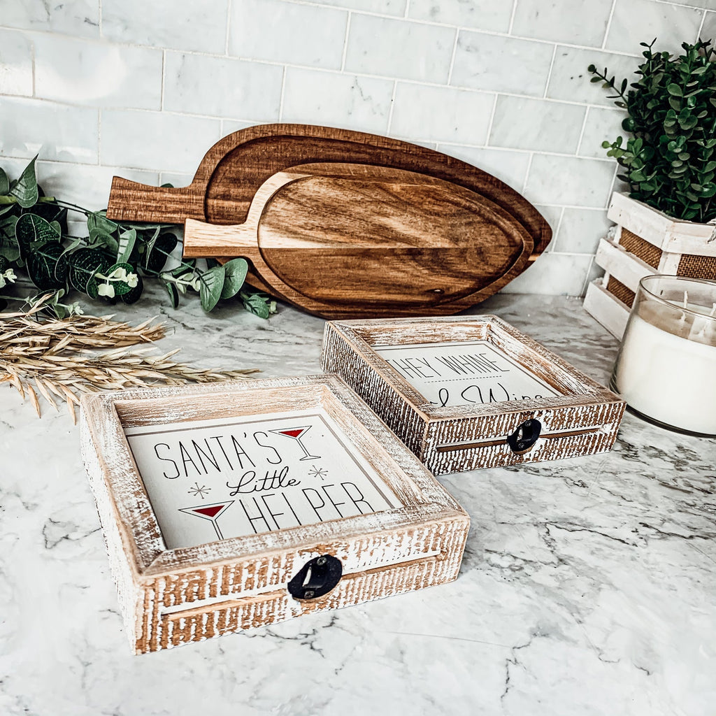 Santa Helper Double Sided Wooden Sign Wine Humor Holiday Decor Reversible Farmhouse Wall Plaque