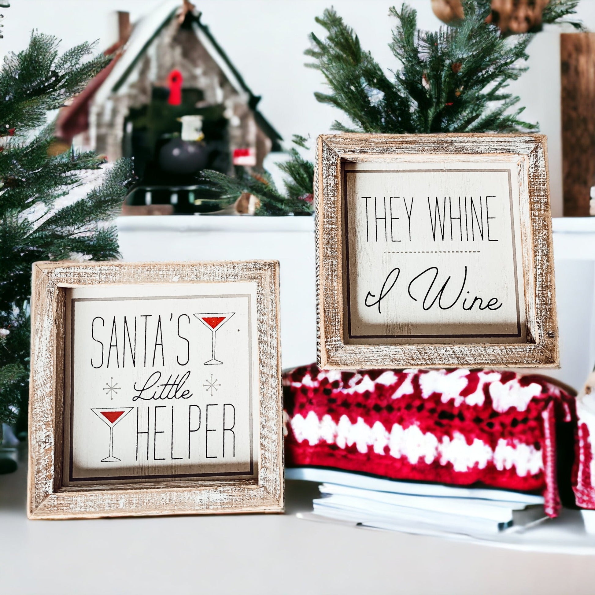 Santa Helper Double Sided Wooden Sign Wine Humor Holiday Decor Reversible Farmhouse Wall Plaque