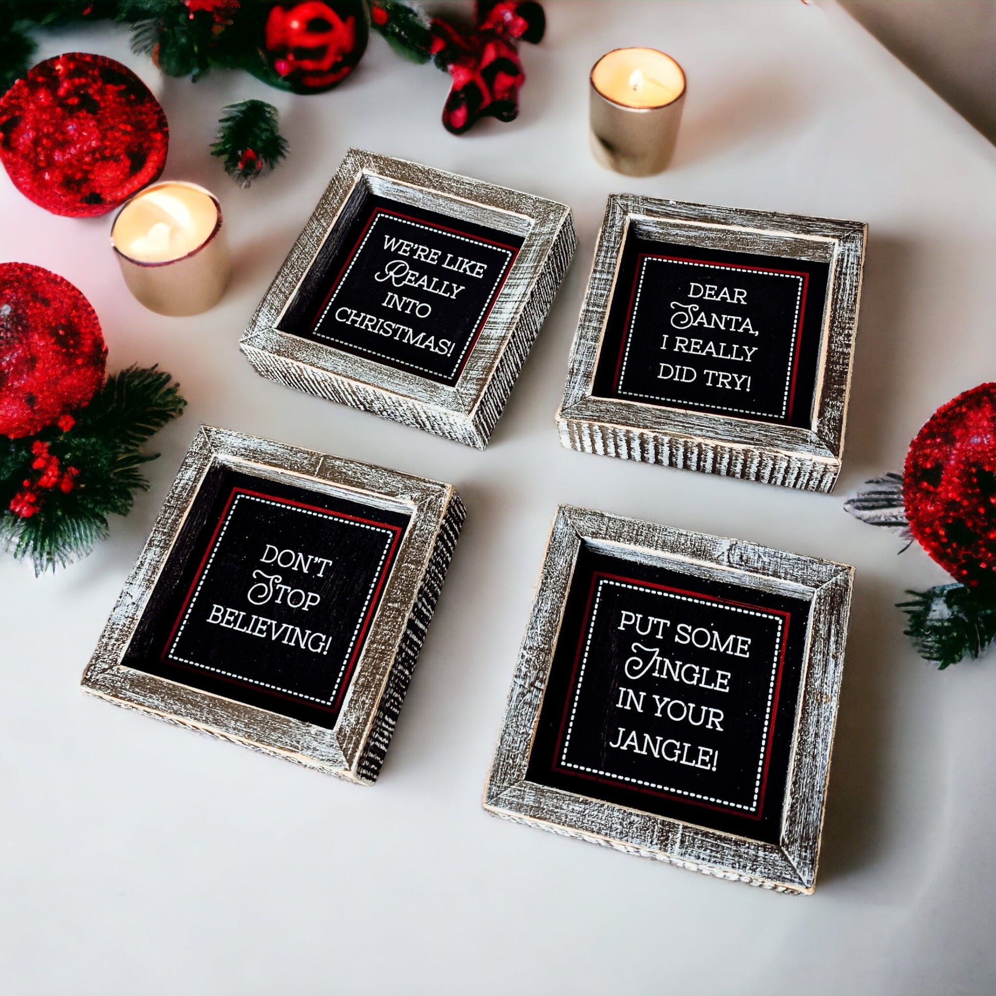 Black Chalkboard Style Wooden Christmas Sign Rustic Framed Holiday Wall Decor Set Of 4