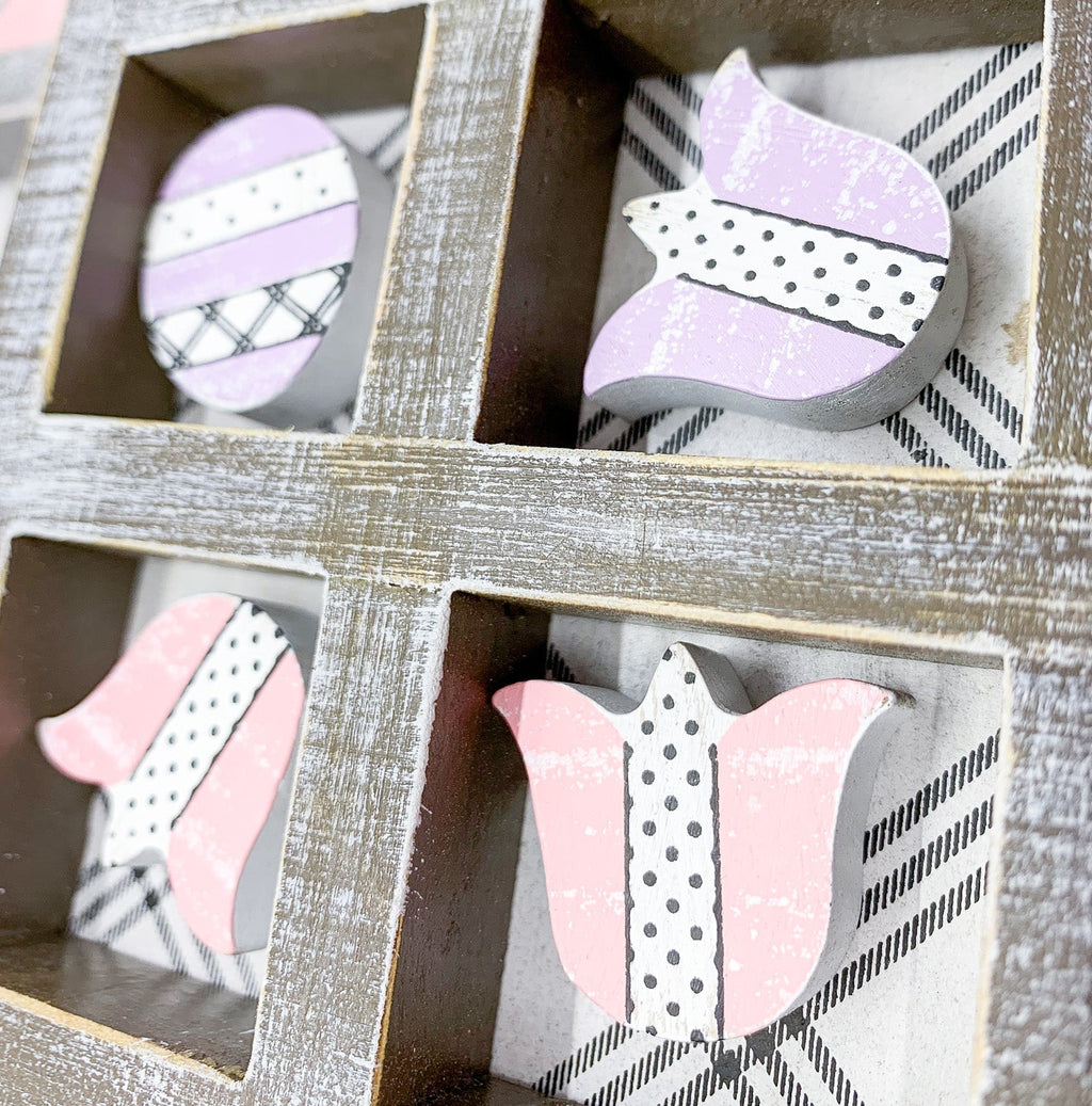 Easter Spring Tic Tac Toe Wooden Game Decor Set Tulip & Egg Pieces - 2 Sizes