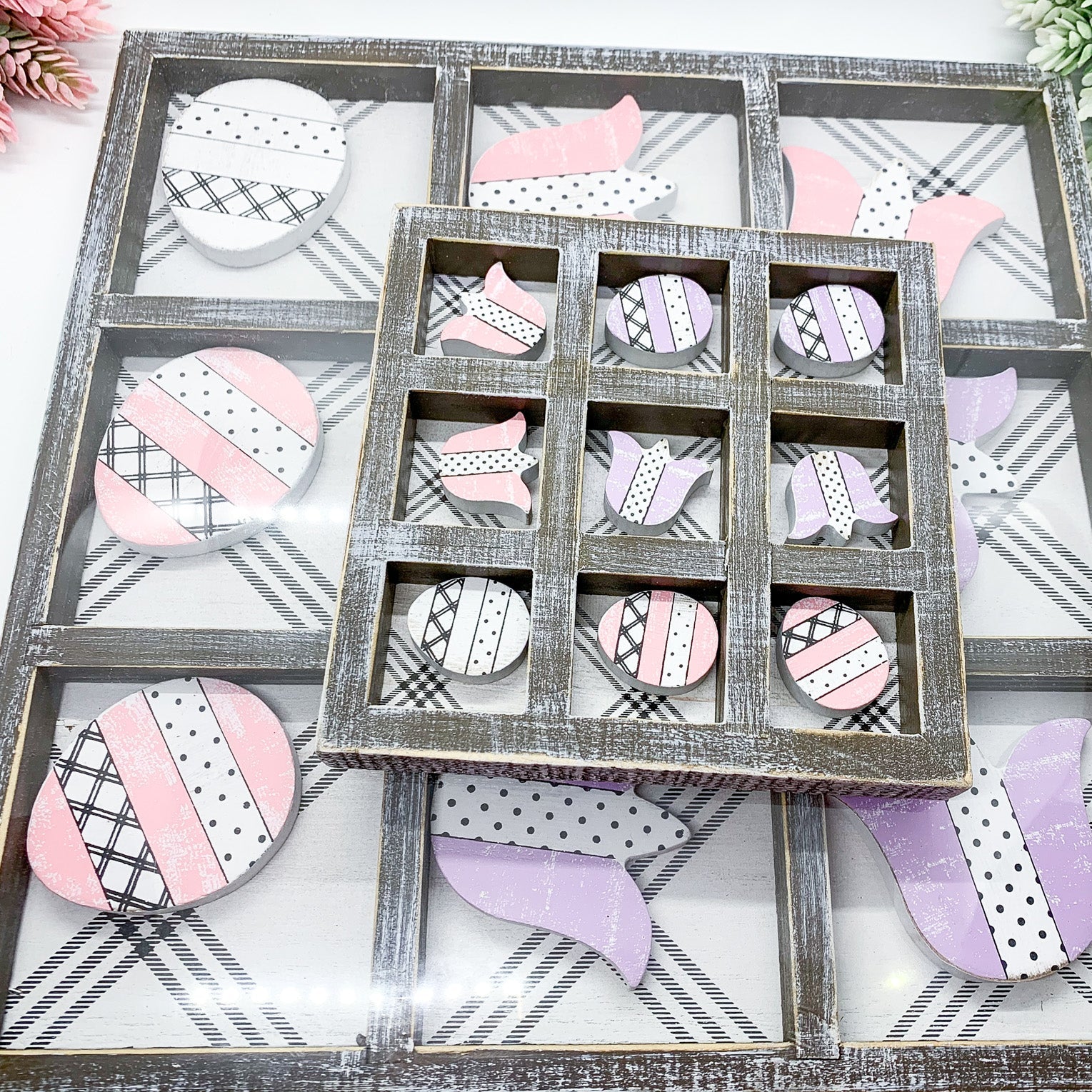 Easter Spring Tic Tac Toe Wooden Game Decor Set Tulip & Egg Pieces - 2 Sizes