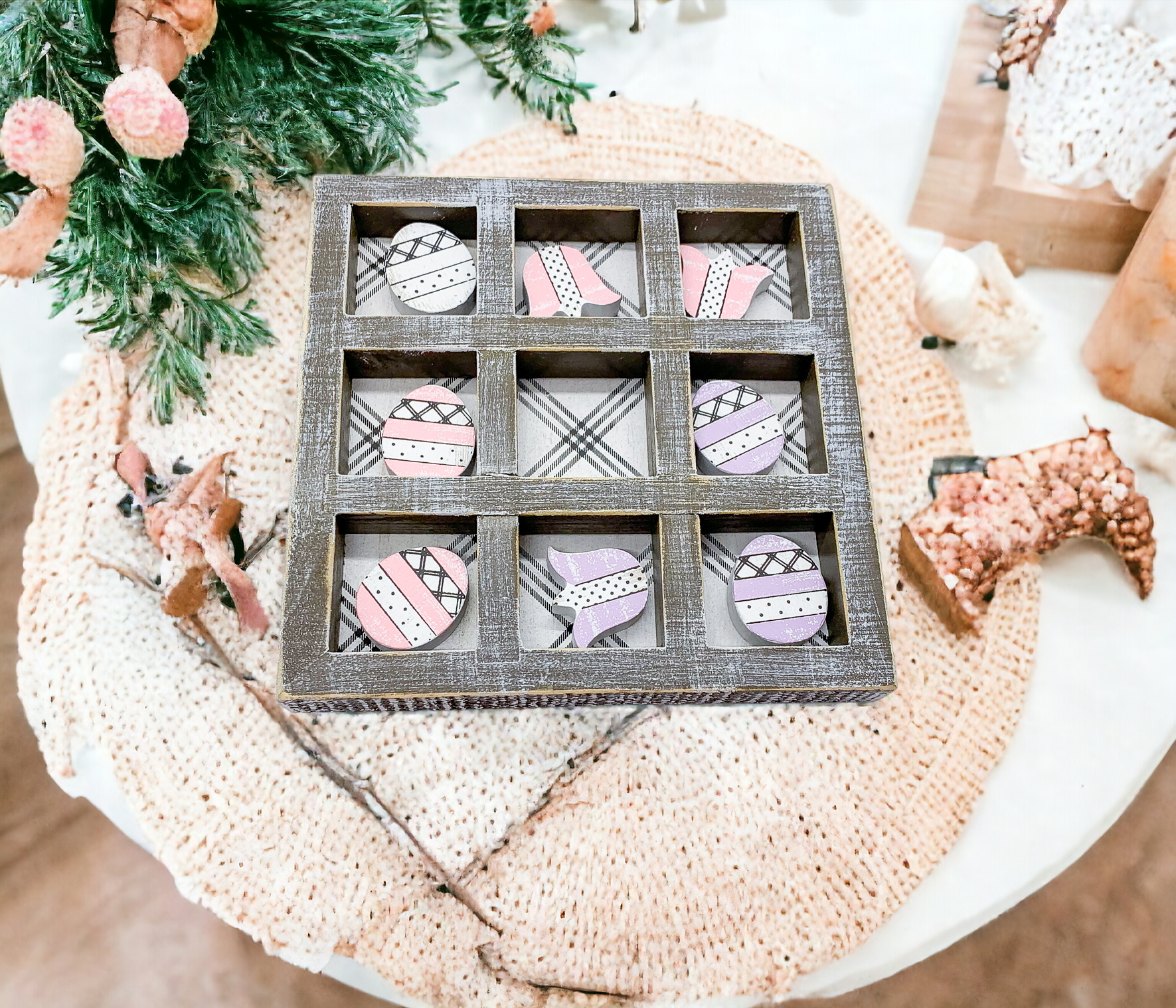 Easter Spring Tic Tac Toe Wooden Game Decor Set Tulip & Egg Pieces - 2 Sizes