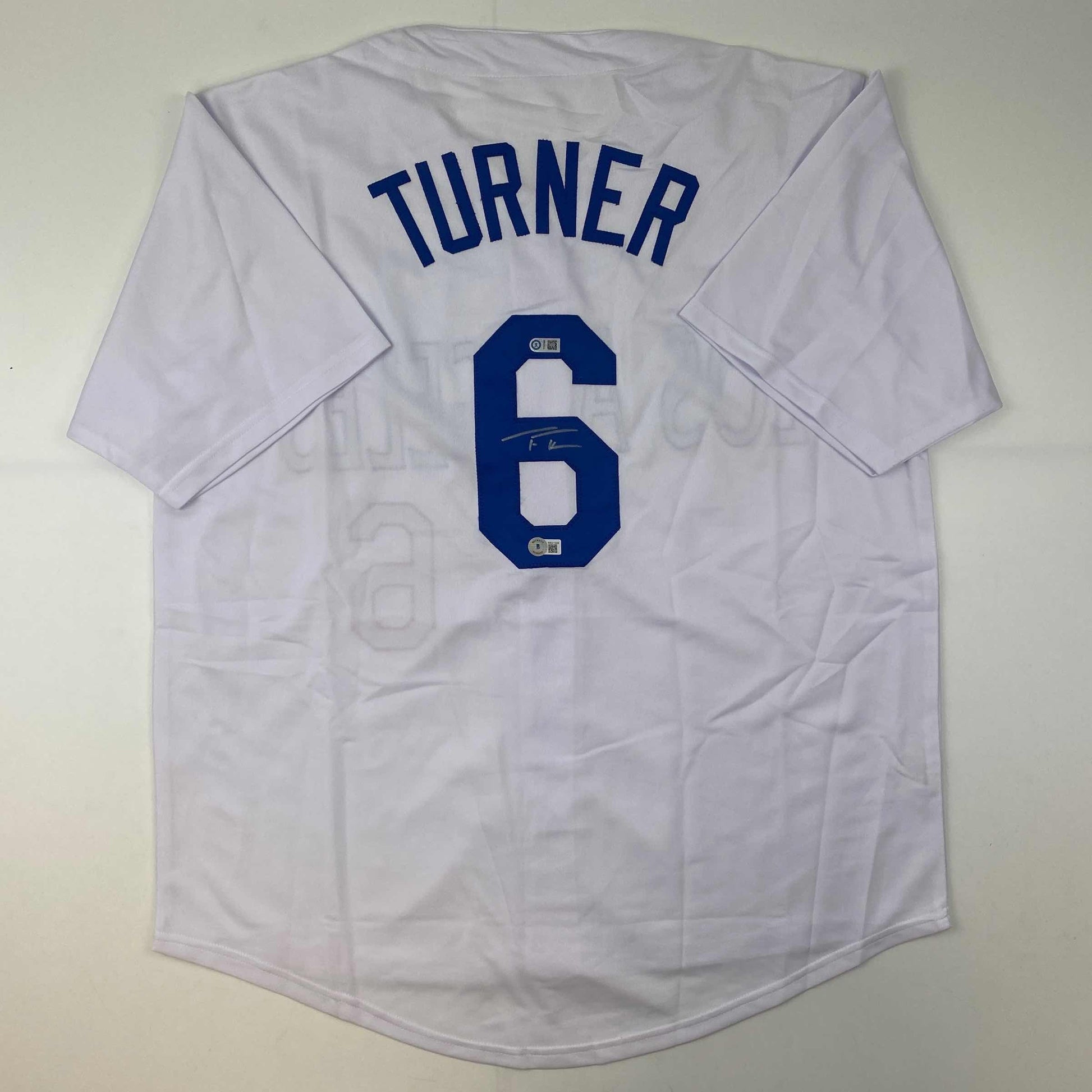 Autographed/Signed Trea Turner Los Angeles LA White Baseball Jersey Beckett BAS COA
