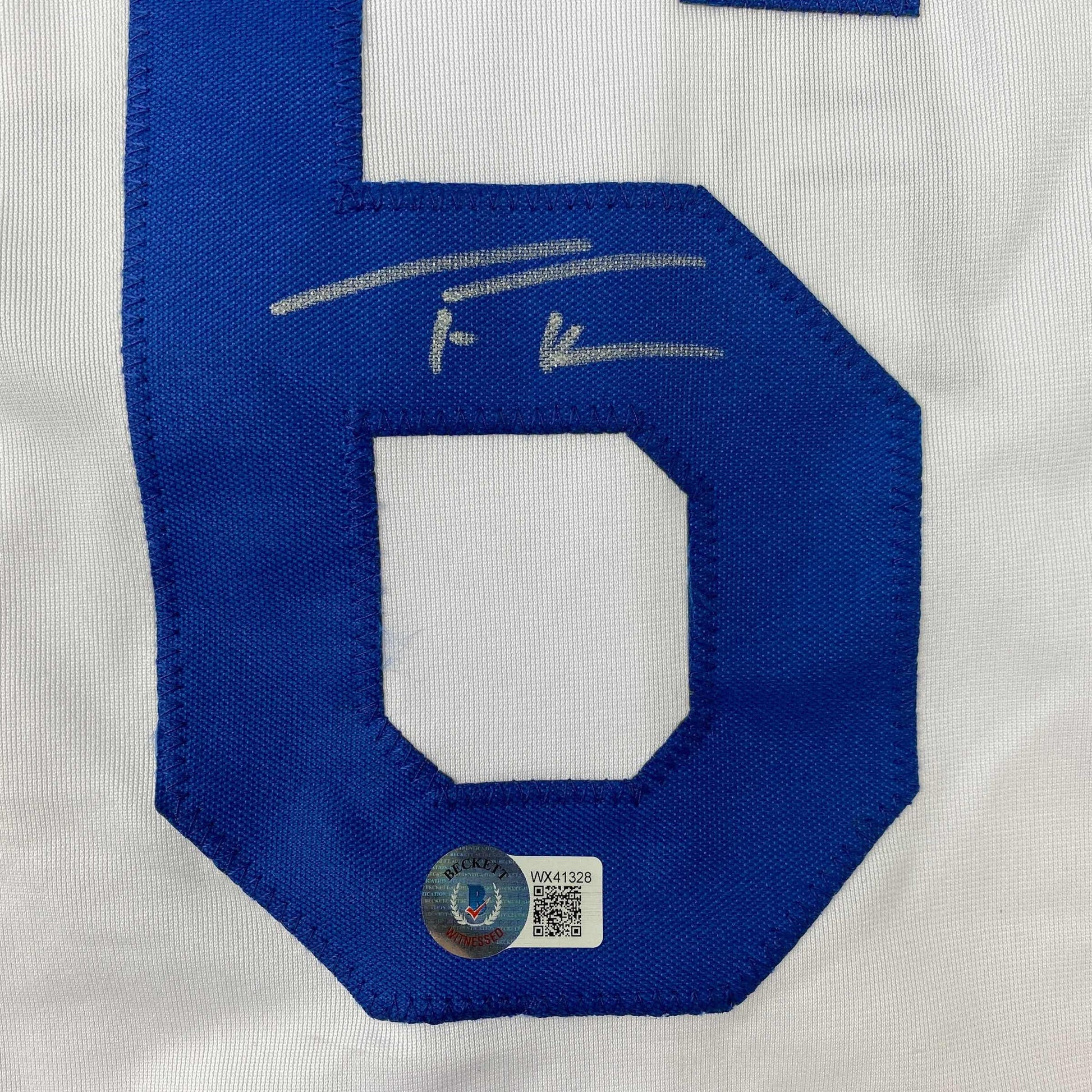 Autographed/Signed Trea Turner Los Angeles LA White Baseball Jersey Beckett BAS COA