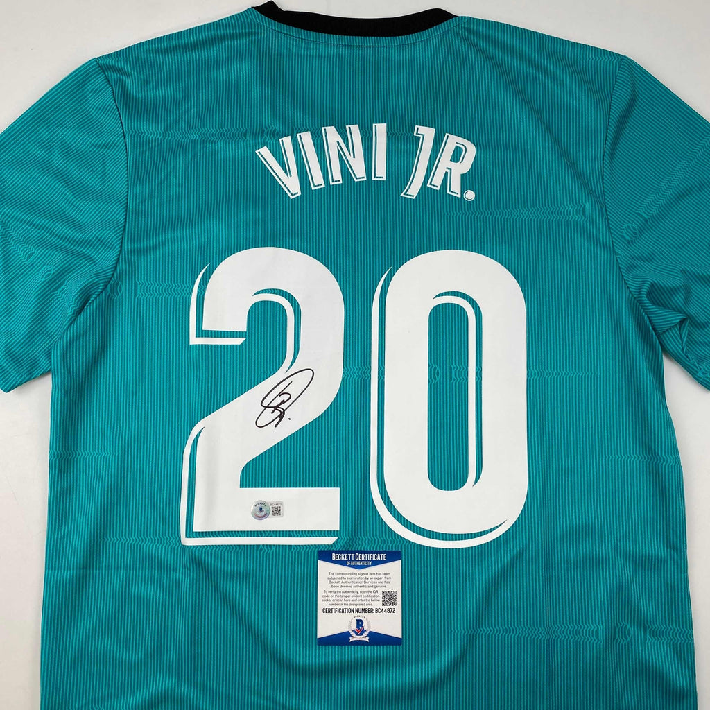 Autographed/Signed Vini Vinicius Jr. Real Madrid Teal Soccer Jersey Beckett BAS COA