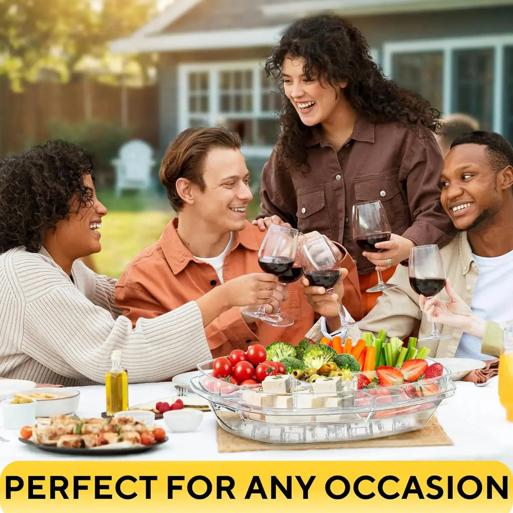 Ice Chilled Party Platter - 4 Compartment Cold Serving Tray with Lid & Dip Holder