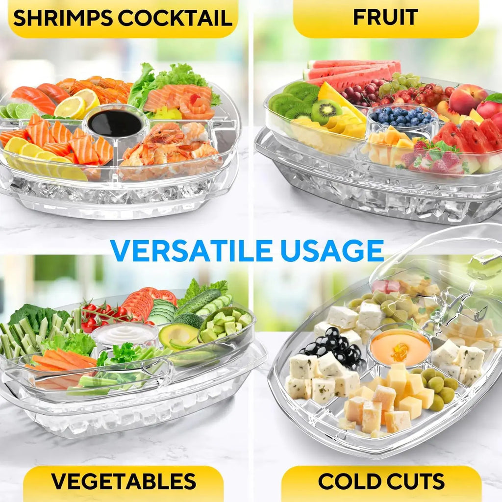 Ice Chilled Party Platter - 4 Compartment Cold Serving Tray with Lid & Dip Holder