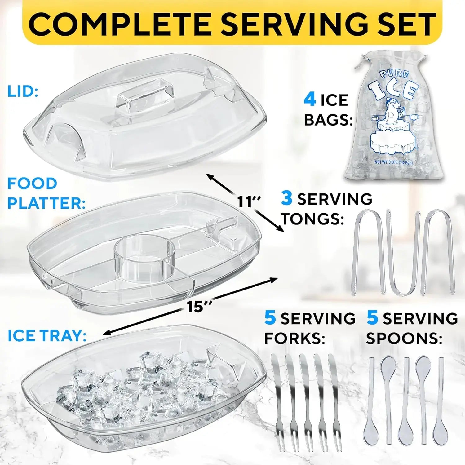 Ice Chilled Party Platter - 4 Compartment Cold Serving Tray with Lid & Dip Holder