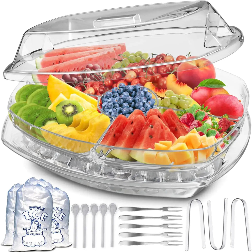 Ice Chilled Party Platter - 4 Compartment Cold Serving Tray with Lid & Dip Holder