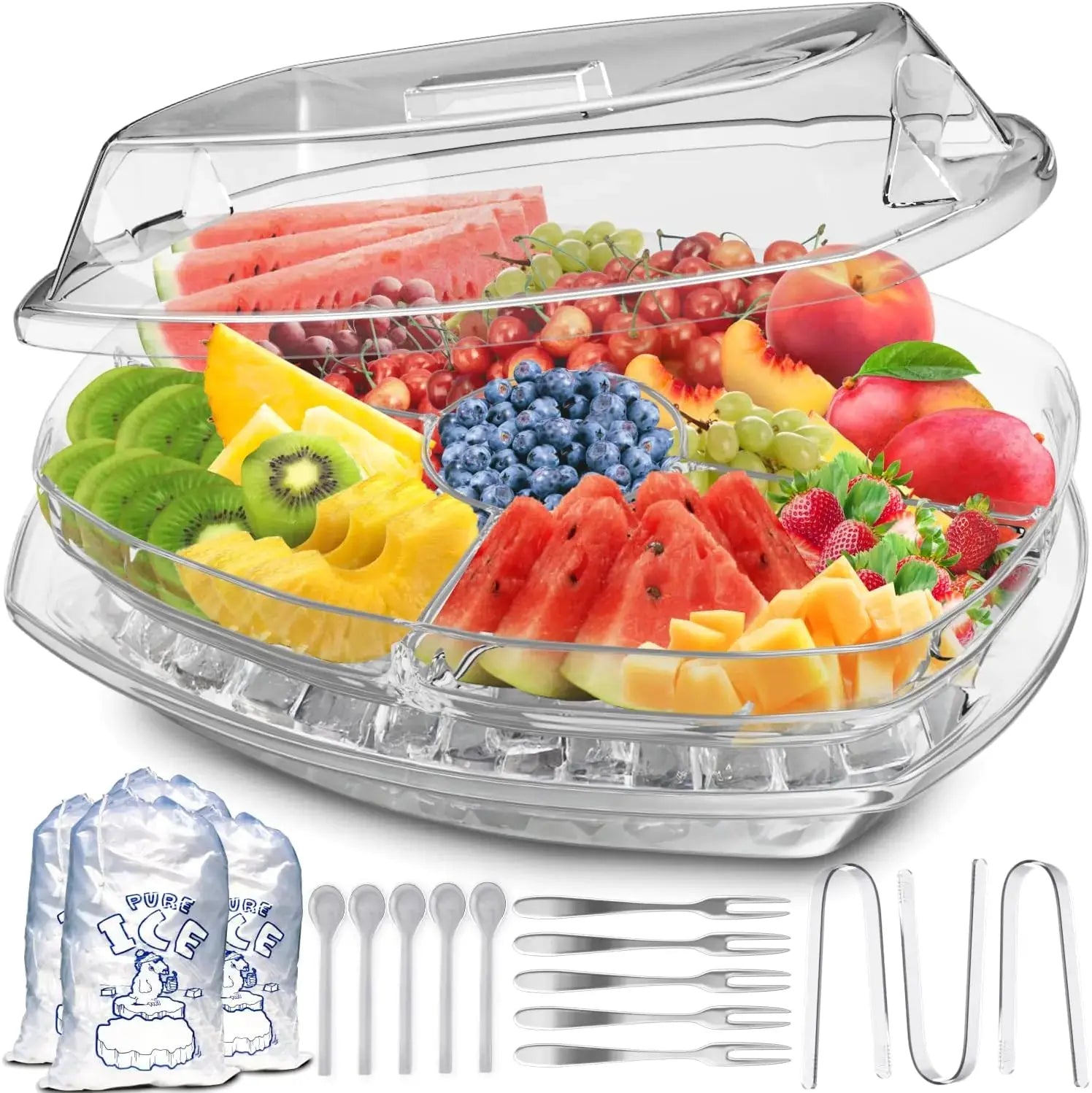 Ice Chilled Party Platter - 4 Compartment Cold Serving Tray with Lid & Dip Holder