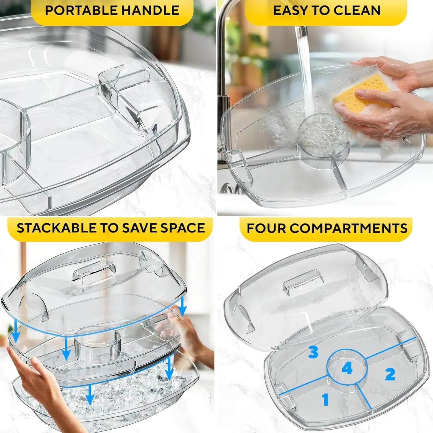 Ice Chilled Party Platter - 4 Compartment Cold Serving Tray with Lid & Dip Holder