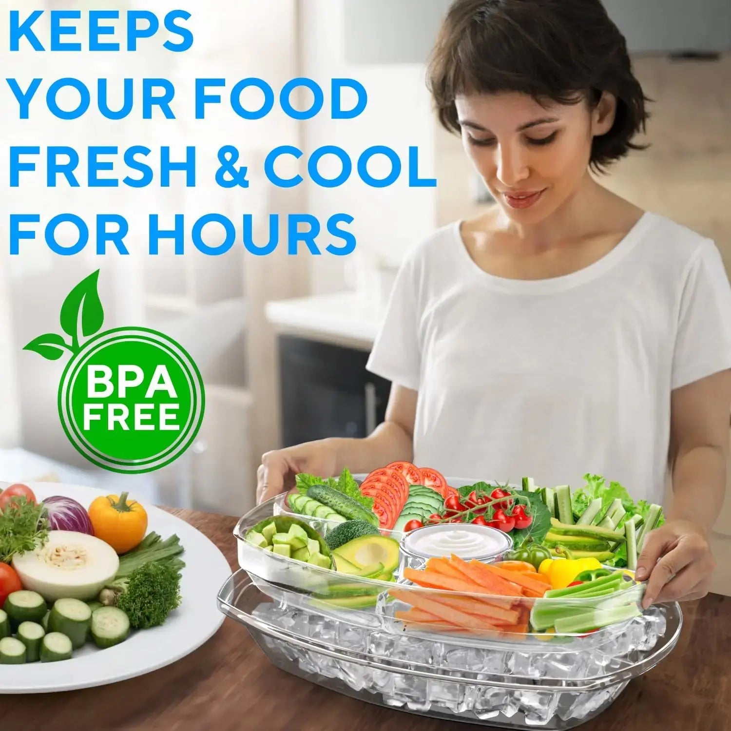 Ice Chilled Party Platter - 4 Compartment Cold Serving Tray with Lid & Dip Holder
