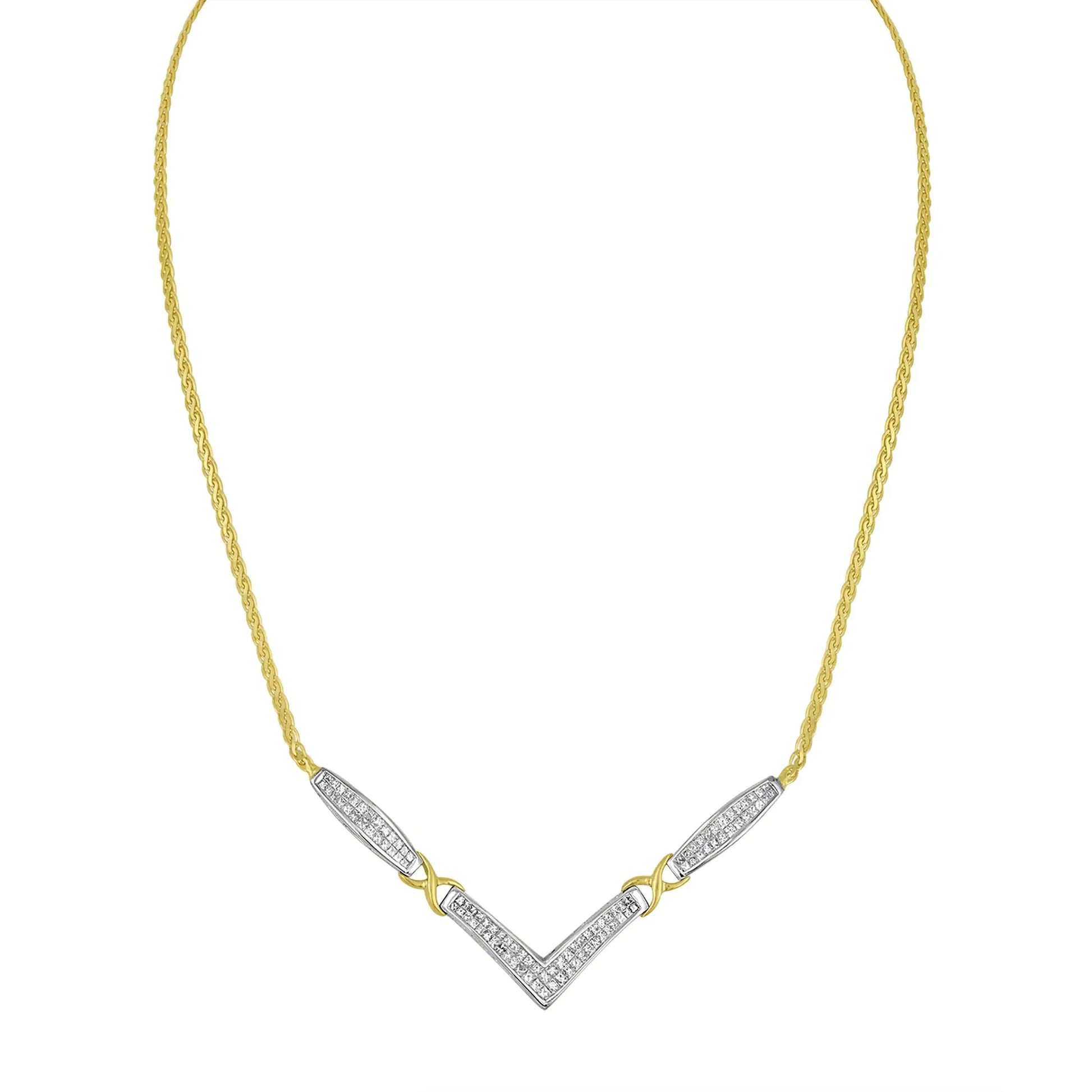 14K Yellow and White Gold 2.0 Cttw Princess Cut Diamond Flared and X-Station V Shaped 18” Franco Chain Statement Necklace (H-I Color, SI2-I1 Clarity)