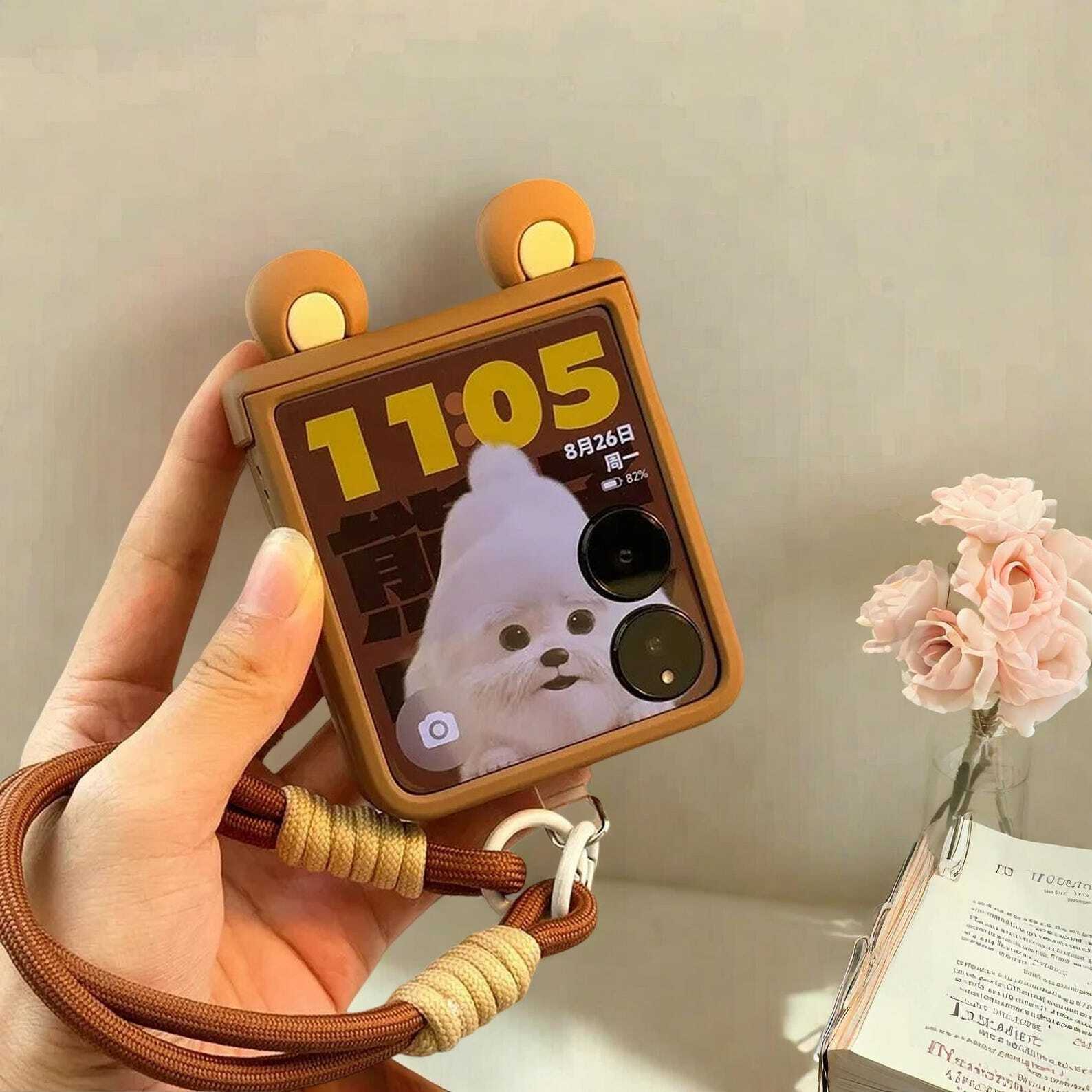 Cute Ears Hand Strap Hinge Case for Xiaomi MIX Flip - Stylish Protective Cover with Secure Chain Loop for MIX Flip Phones