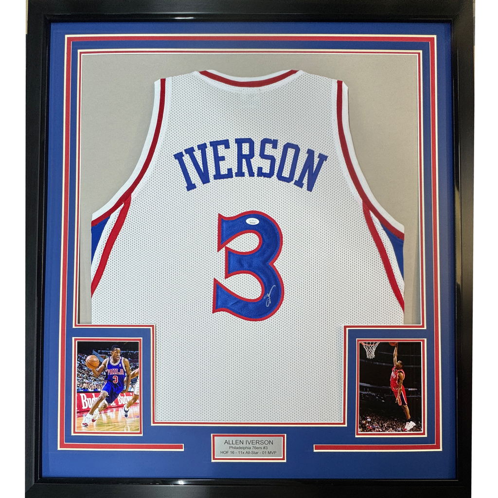 Framed Autographed/Signed Allen Iverson 35x39 Philadelphia White Retro Basketball Jersey JSA COA