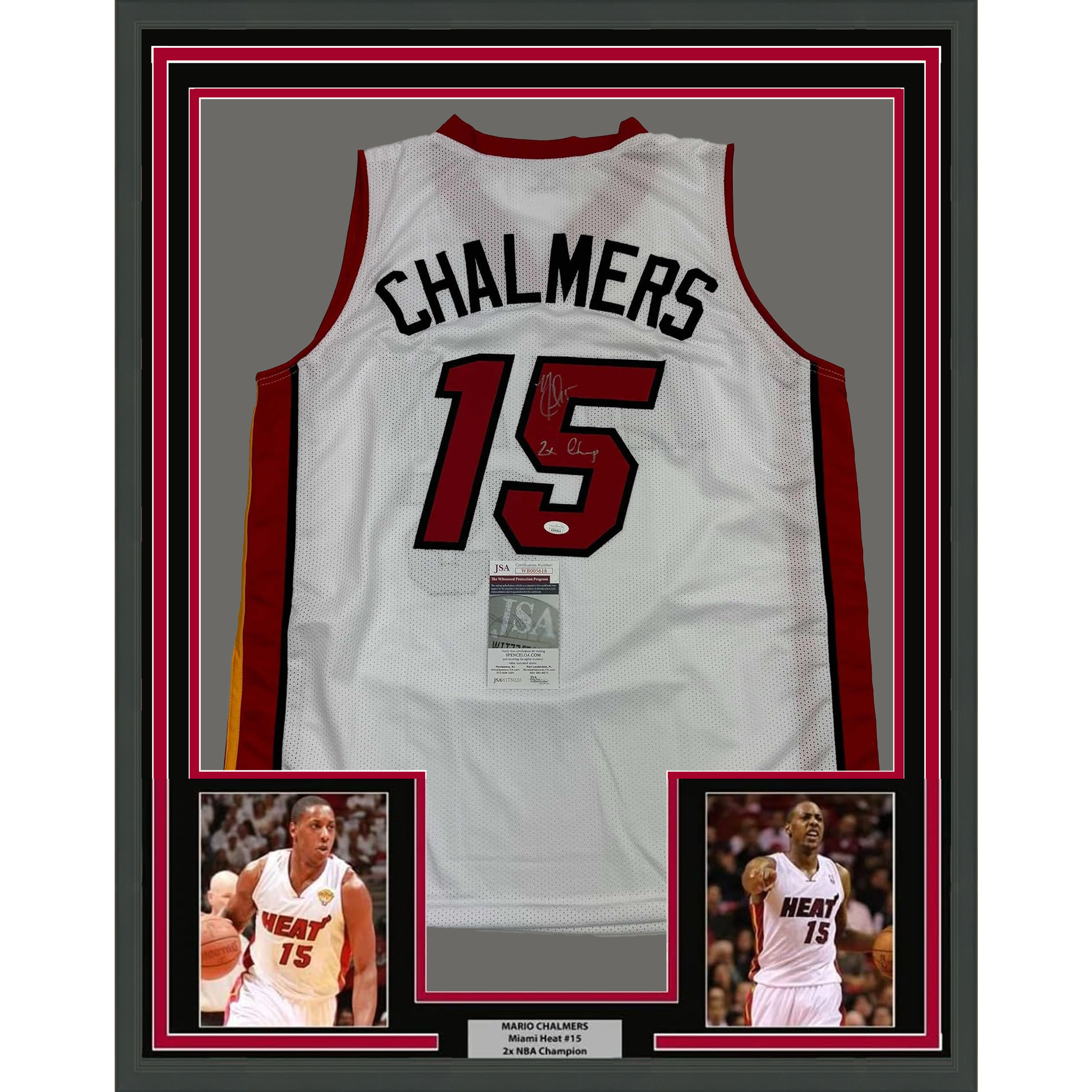 Framed Autographed/Signed Mario Chalmers 35x39 Miami White Basketball Jersey JSA COA