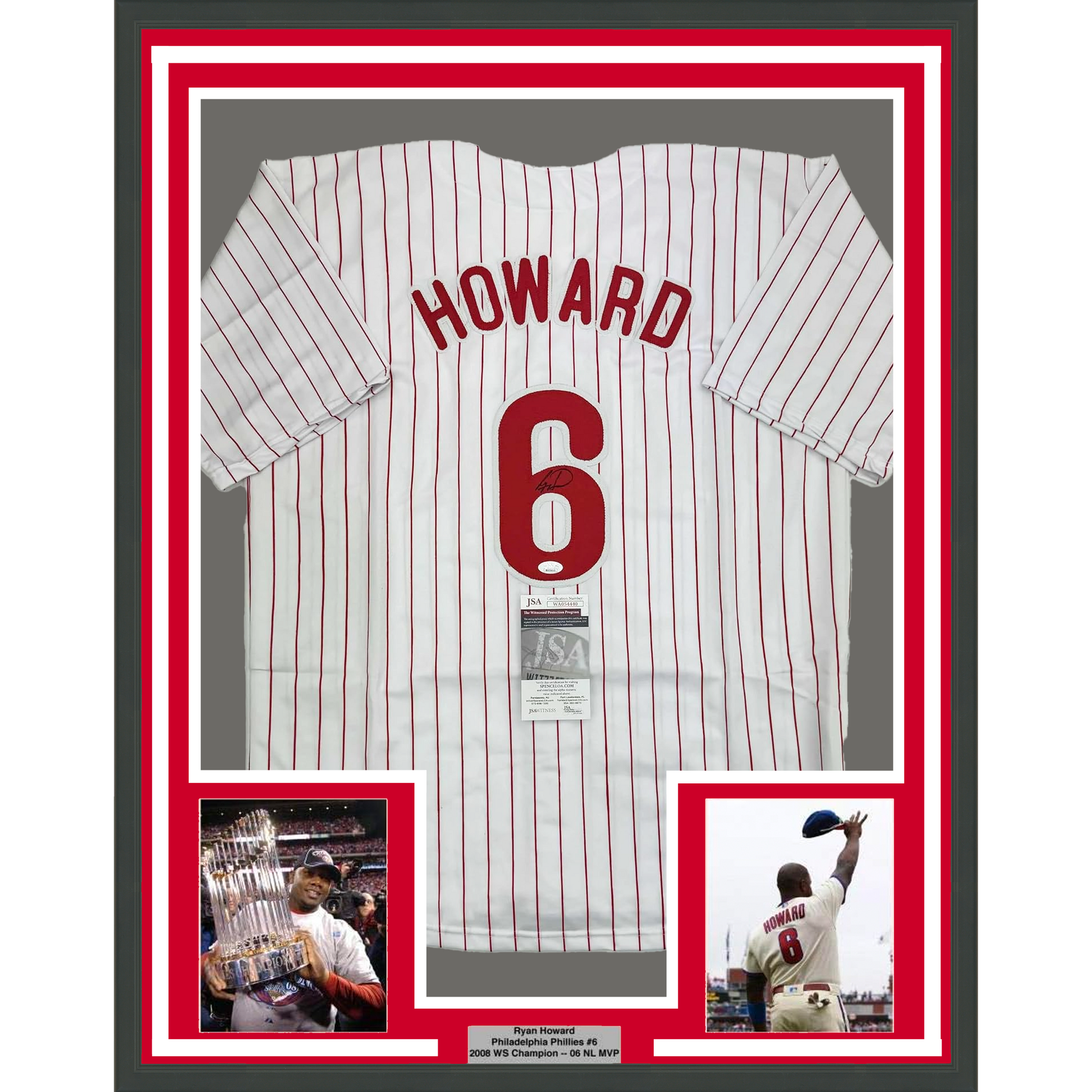 Framed Autographed/Signed Ryan Howard 35x39 Philadelphia Pinstripe Baseball Jersey JSA COA