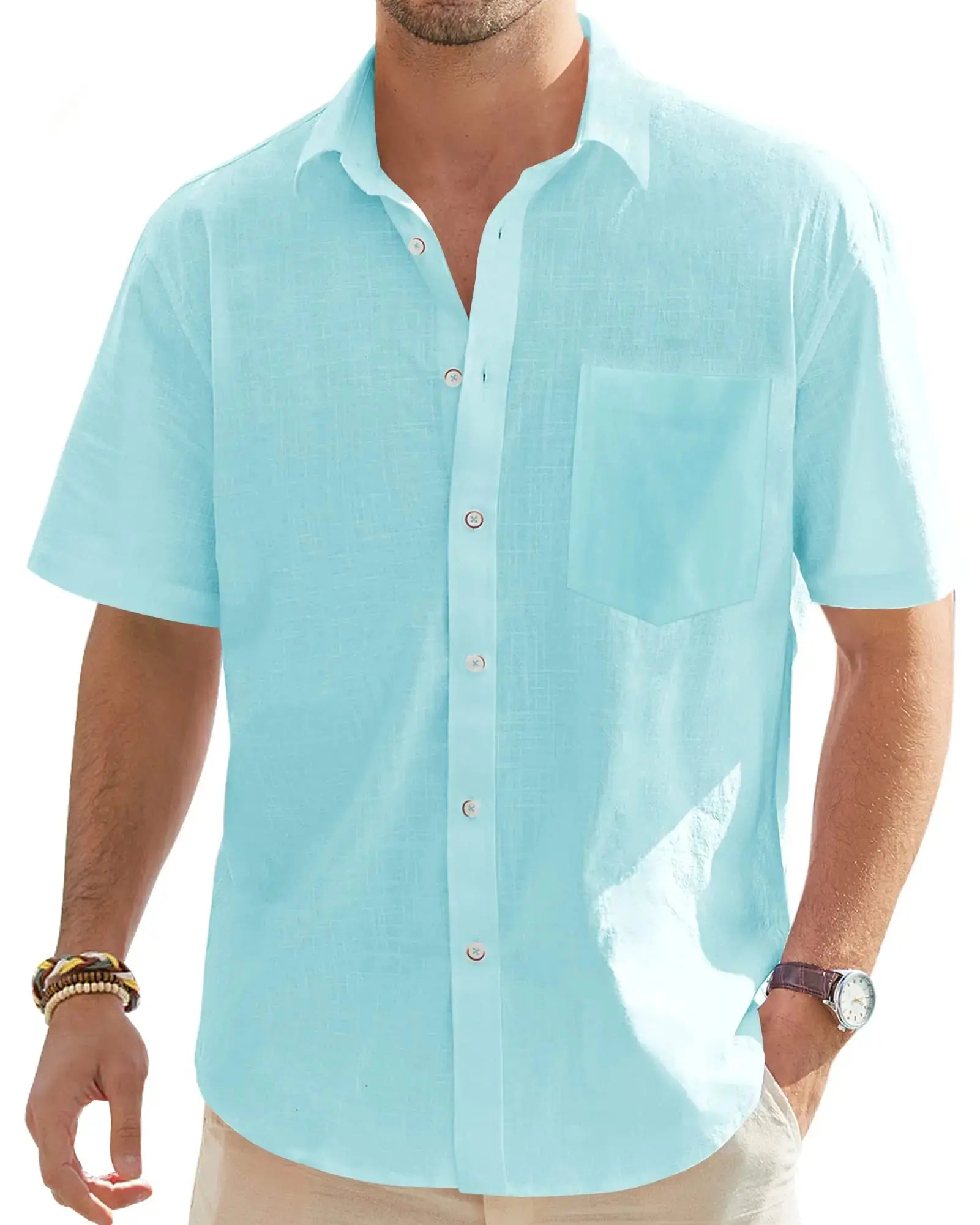 J.VER Men's Cotton Linen Short Sleeve Shirts Casual Lightweight Button-Down Shirts