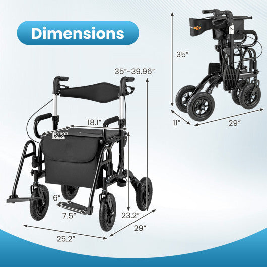 2-in-1 Foldable Rollator Walker with Seat abd 9 Inch Pneumatic Tires for Seniors-Red