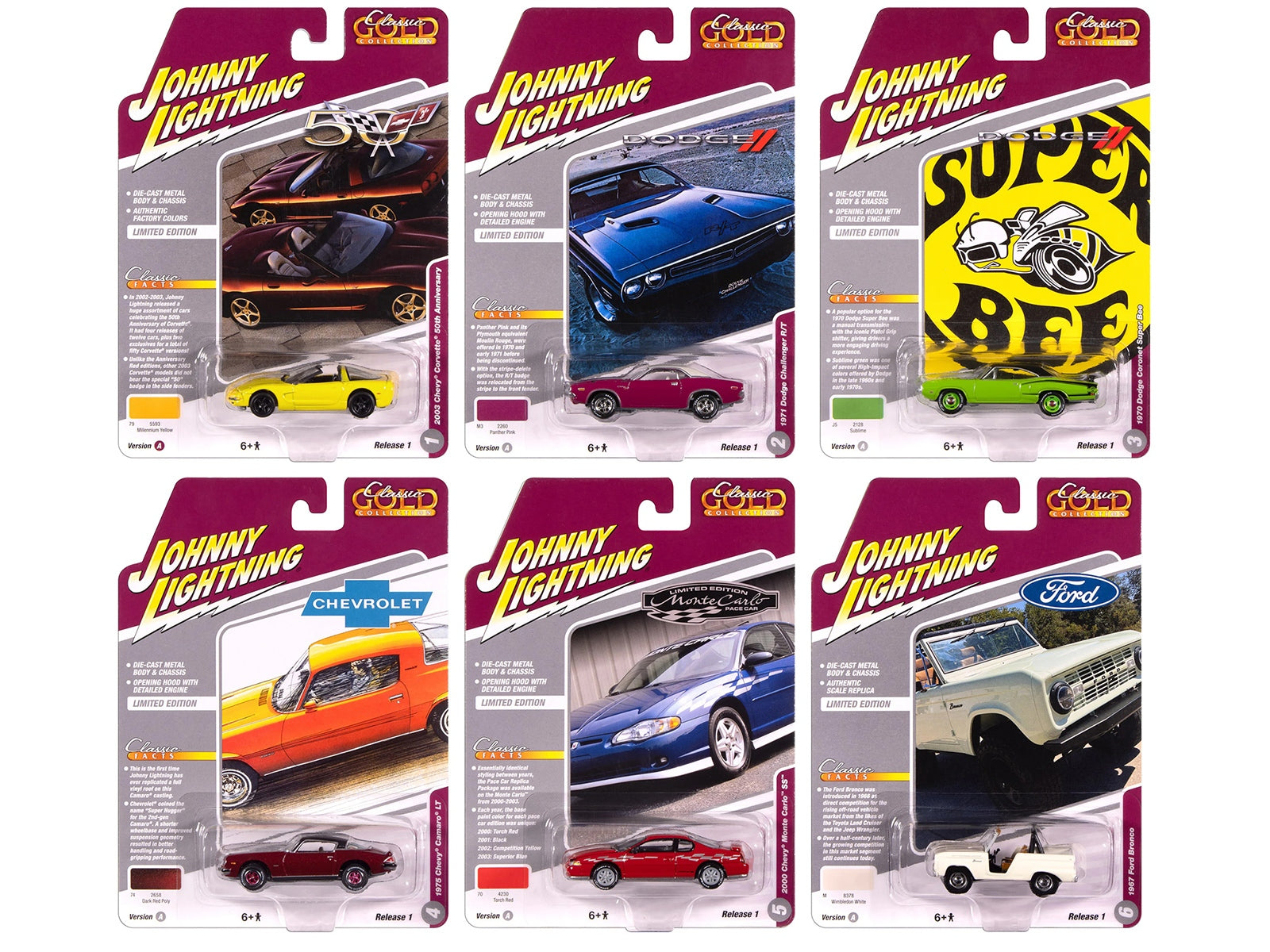 "Classic Gold Collection" 2025 Release 1 Set A of 6 Cars 1/64 Diecast Model Cars by Johnny Lightning