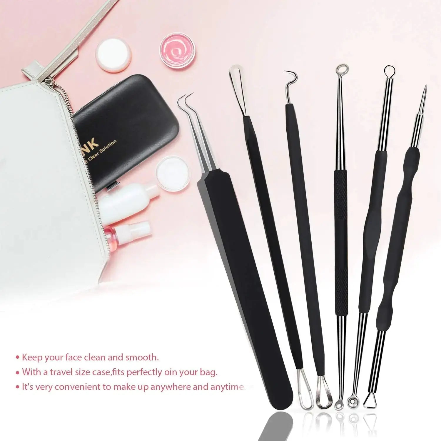 JPNK Blackhead Remover Tool Kit – 6 Pcs Acne & Zit Removal Kit with Leather Bag (Black)