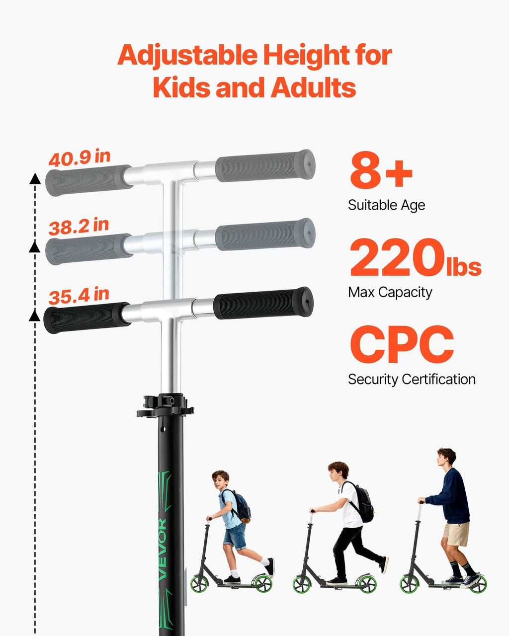 Kick Scooter for Kids Ages 8+, Teens & Adults, 2-Wheel Toddler Scooter with Adjustable Height Handlebar, Wide Anti-Slip Deck, Foldable Lightweight for Boys & Girls up to 220 lbs, Black + Green