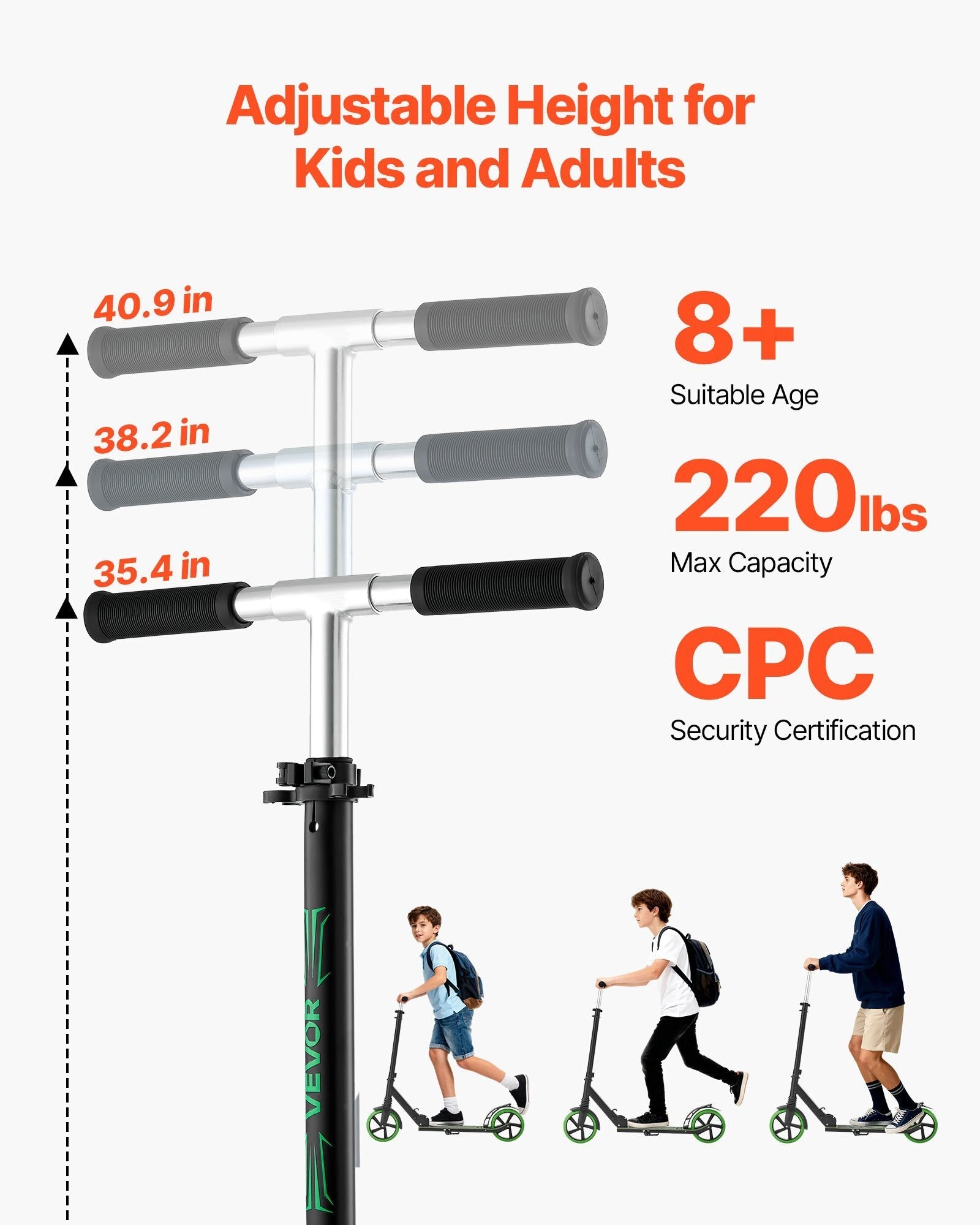 Kick Scooter for Kids Ages 8+, Teens & Adults, 2-Wheel Toddler Scooter with Adjustable Height Handlebar, Wide Anti-Slip Deck, Foldable Lightweight for Boys & Girls up to 220 lbs, Black + Green
