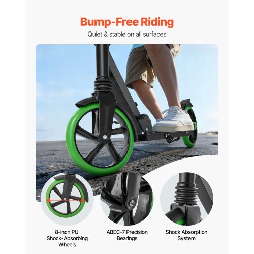 Kick Scooter for Kids Ages 8+, Teens & Adults, 2-Wheel Toddler Scooter with Adjustable Height Handlebar, Wide Anti-Slip Deck, Foldable Lightweight for Boys & Girls up to 220 lbs, Black + Green