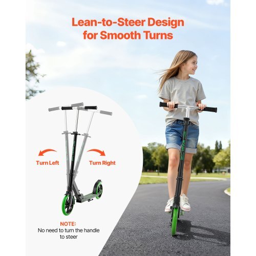 Kick Scooter for Kids Ages 8+, Teens & Adults, 2-Wheel Toddler Scooter with Adjustable Height Handlebar, Wide Anti-Slip Deck, Foldable Lightweight for Boys & Girls up to 220 lbs, Black + Green